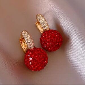 Red Crystal Ball Earrings – Gold Drop Sparkle Statement Jewelry